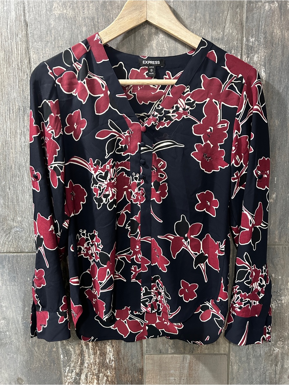 Express Navy Blouse with Burgundy Floral Print